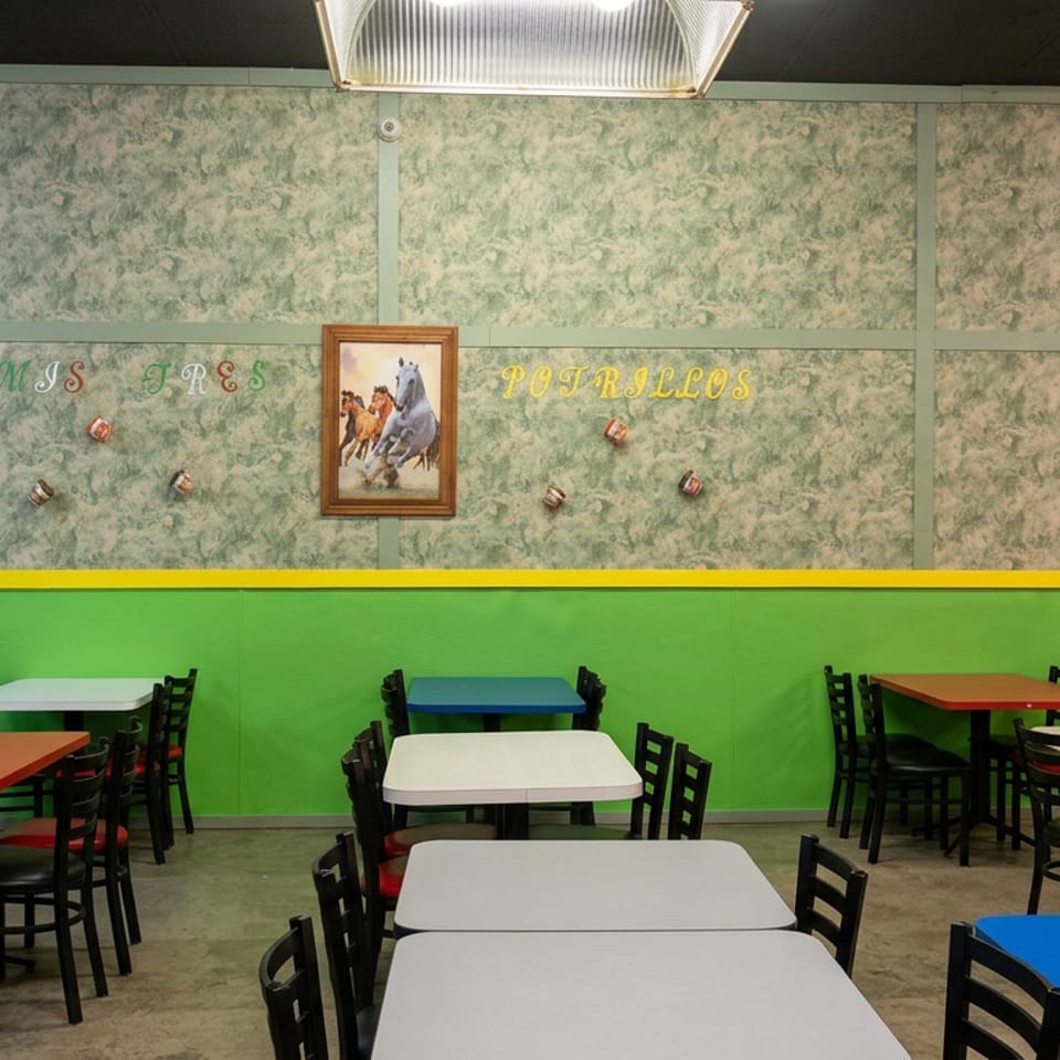 Colorful casual restaurant dining area with empty tables, black chairs, green walls, and decorative artwork.