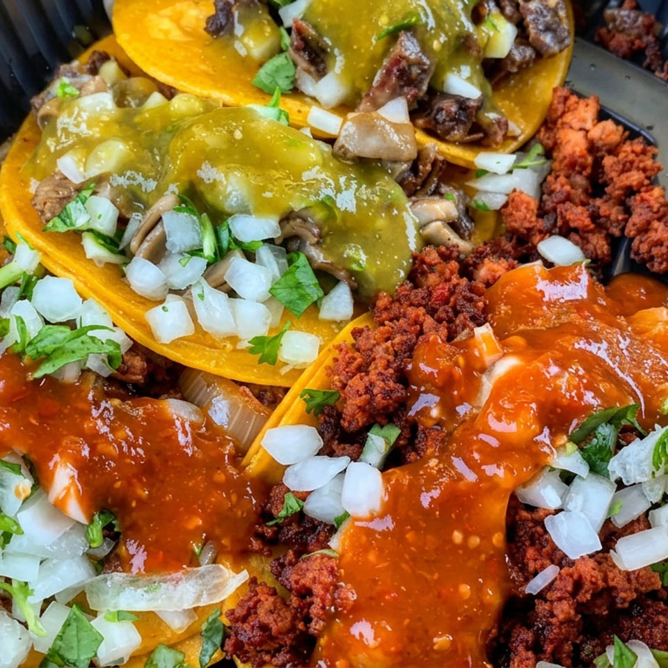 Four crispy beef tacos topped with red and green salsa, chopped onions, and cilantro in a black takeout tray.