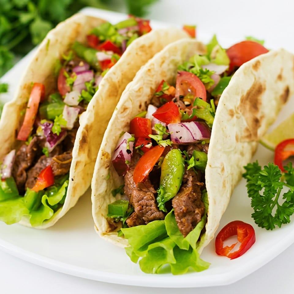 Three soft tacos filled with grilled meat, lettuce, tomatoes, peppers, onions, and herbs, served with lime wedges.