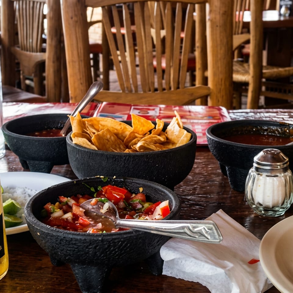 Mexican restaurant table with tortilla chips, salsa, lime, salt, and Corona Extra and 7UP bottles.