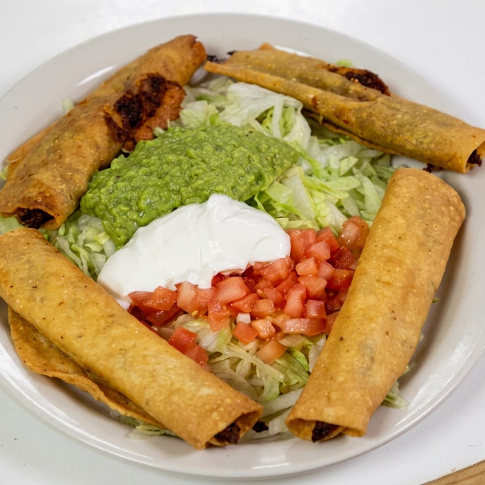 Plate of crispy rolled tacos with shredded lettuce, guacamole, sour cream, and diced tomatoes.