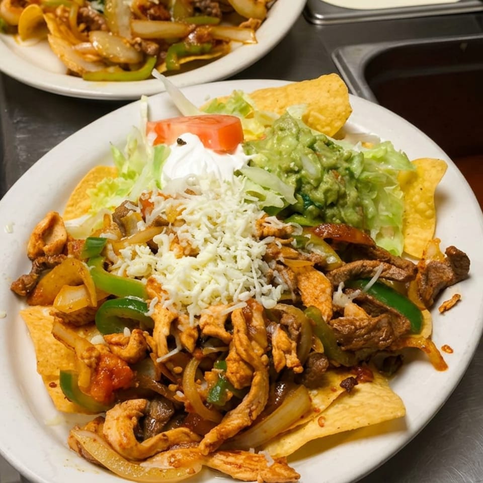 Plate of loaded nachos topped with grilled chicken, beef, peppers, onions, cheese, lettuce, guacamole, sour cream, and tomato.