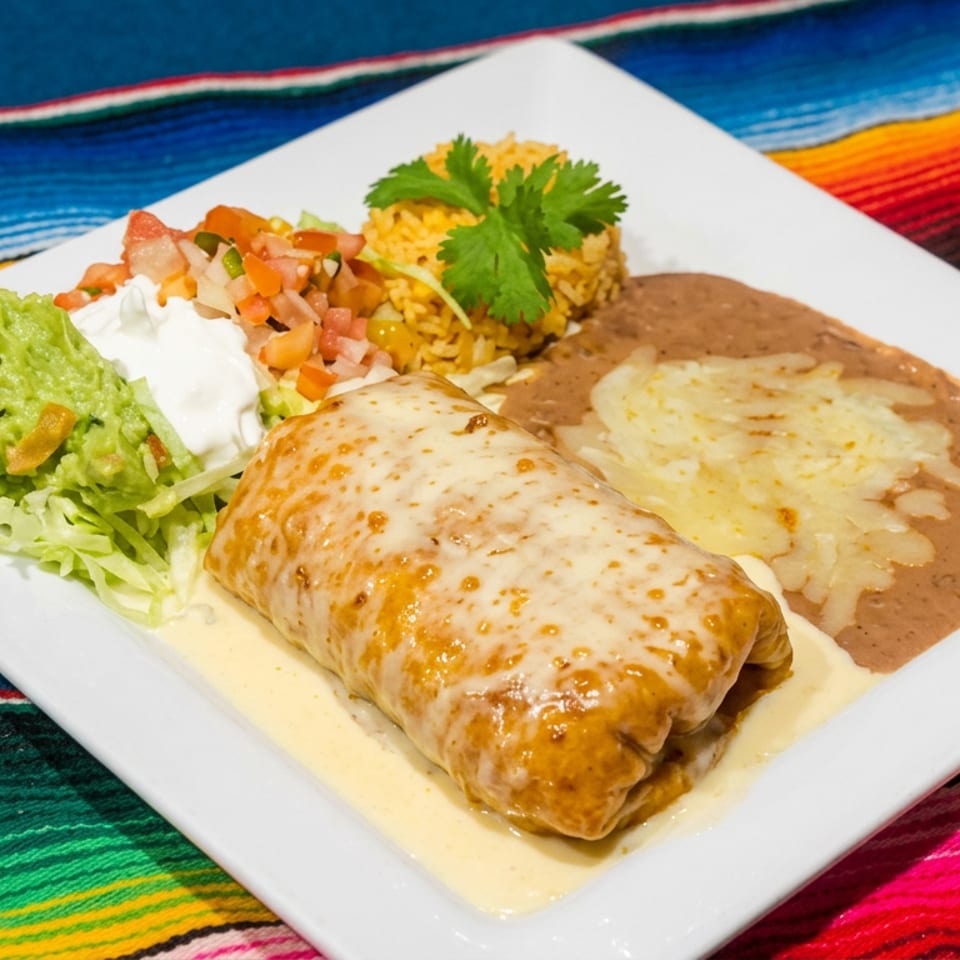 Cheese-covered burrito served with refried beans, Mexican rice, guacamole, sour cream, and pico de gallo on a colorful woven textile.