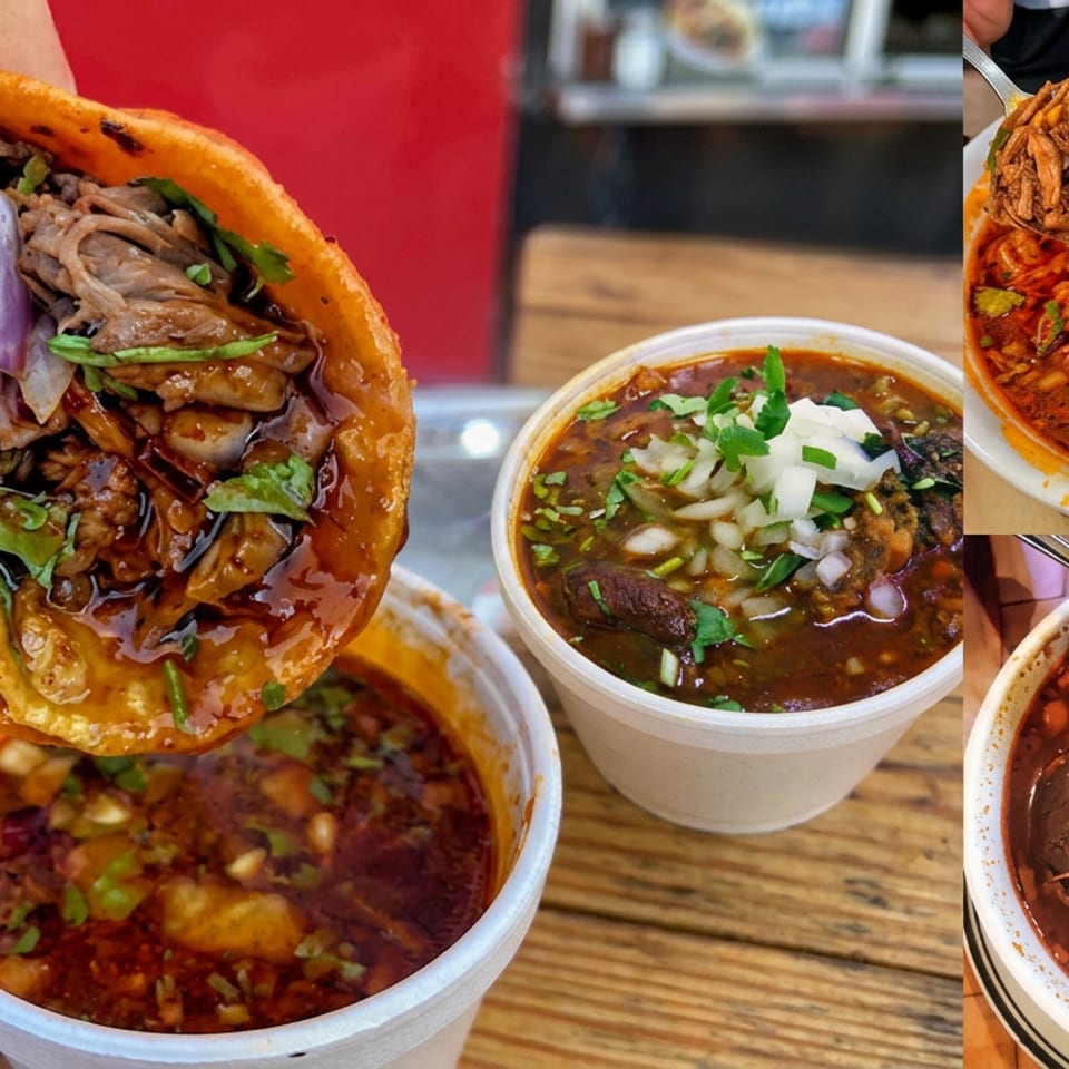 Birria taco filled with shredded meat, onions, and cilantro beside consommé bowls topped with herbs and crispy noodles.
