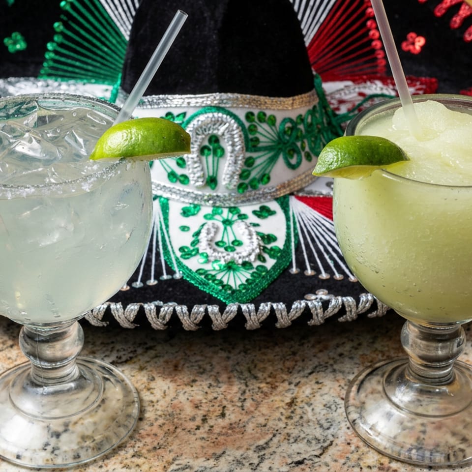 Two lime-garnished cocktails, one icy and one blended, sit before a colorful Mexican sombrero on a granite table.