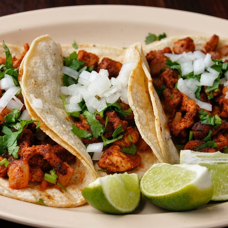 Three soft corn tacos filled with seasoned meat, topped with chopped onions and cilantro, served with lime wedges on a plate.
