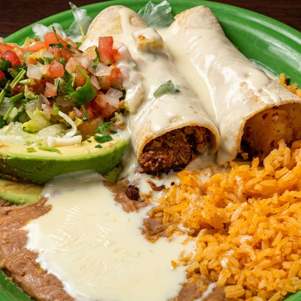Mexican platter with cheese-smothered beef enchiladas, orange rice, refried beans, avocado slices, and pico de gallo on a green plate.