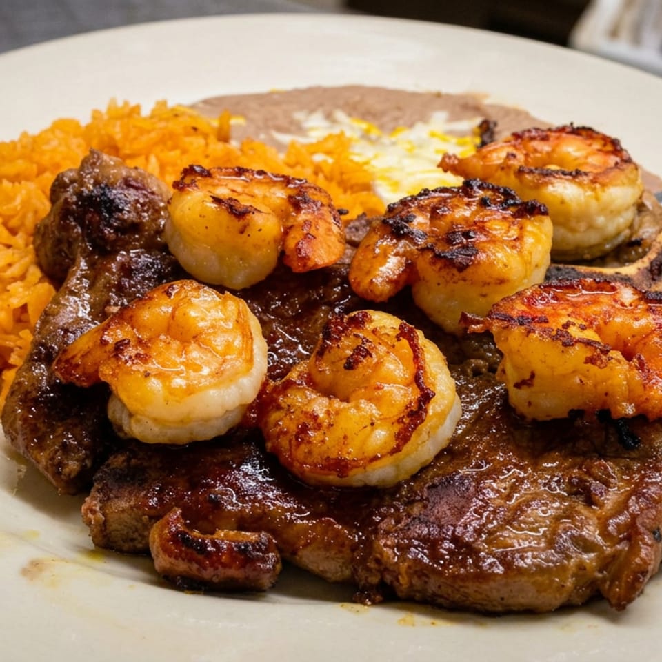 Grilled steak topped with shrimp, served alongside Spanish rice, refried beans, and tortillas on a plate.