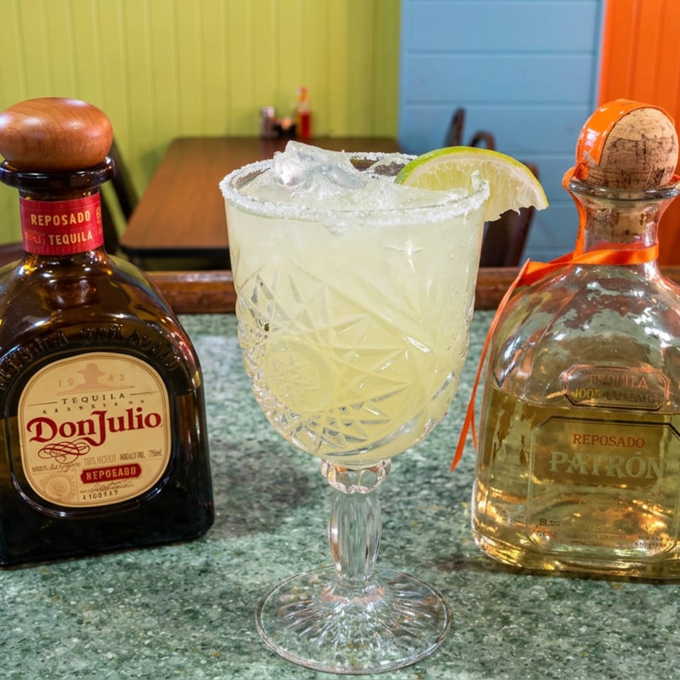 Margarita with lime wedge between Don Julio Reposado and Patrón Reposado tequila bottles on a colorful restaurant bar.