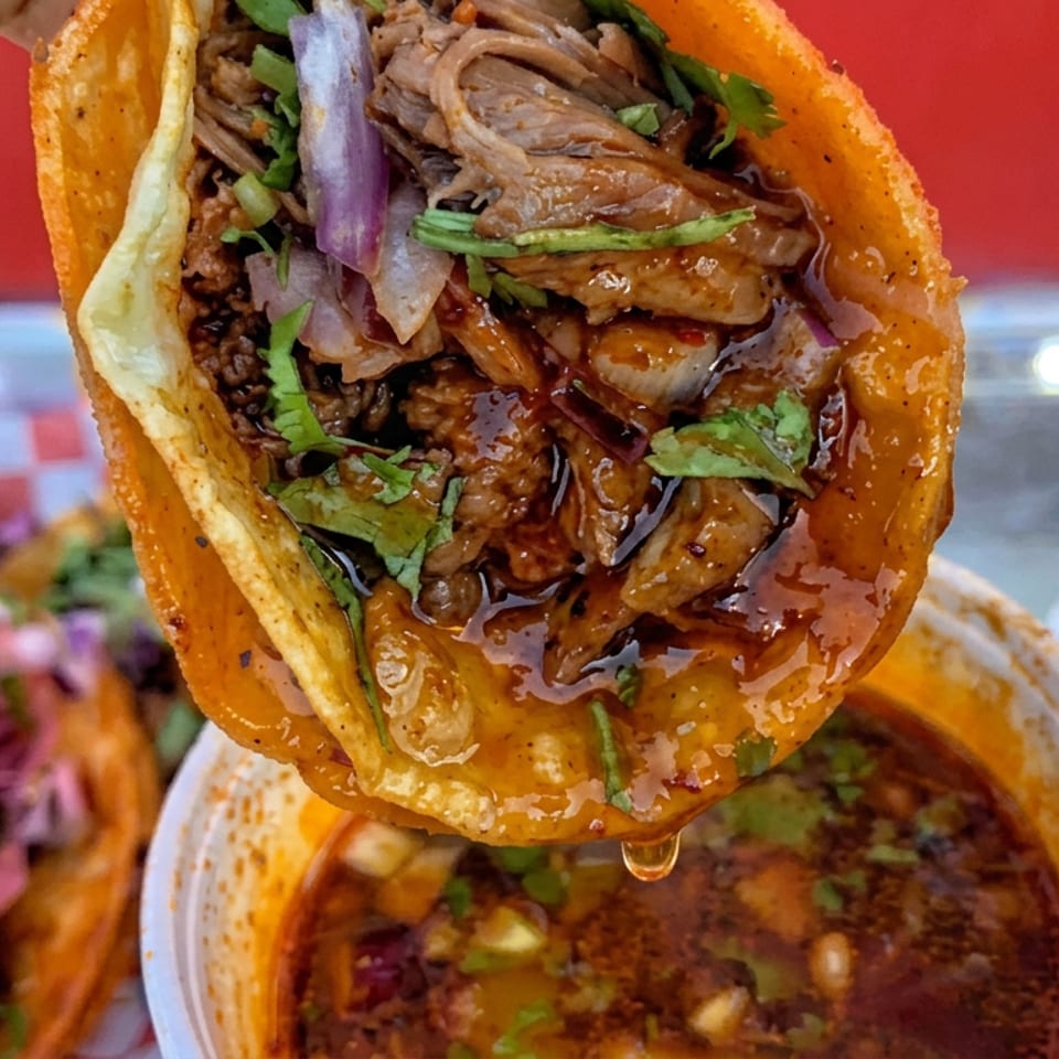 Close-up of a saucy shredded-meat taco topped with cilantro and onions, held over a cup of consommé.