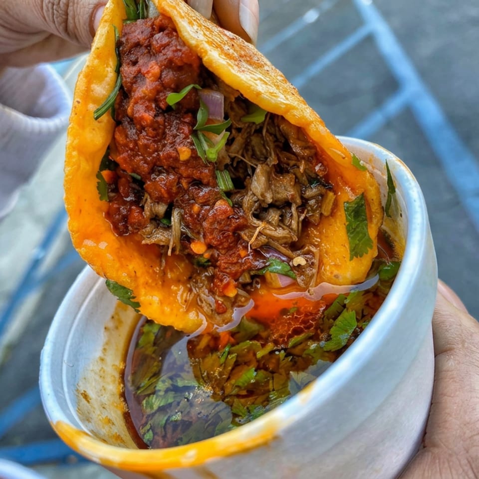 Hand-held orange taco stuffed with shredded meat, red sauce, onions, and fresh herbs over a cup of savory dipping sauce.