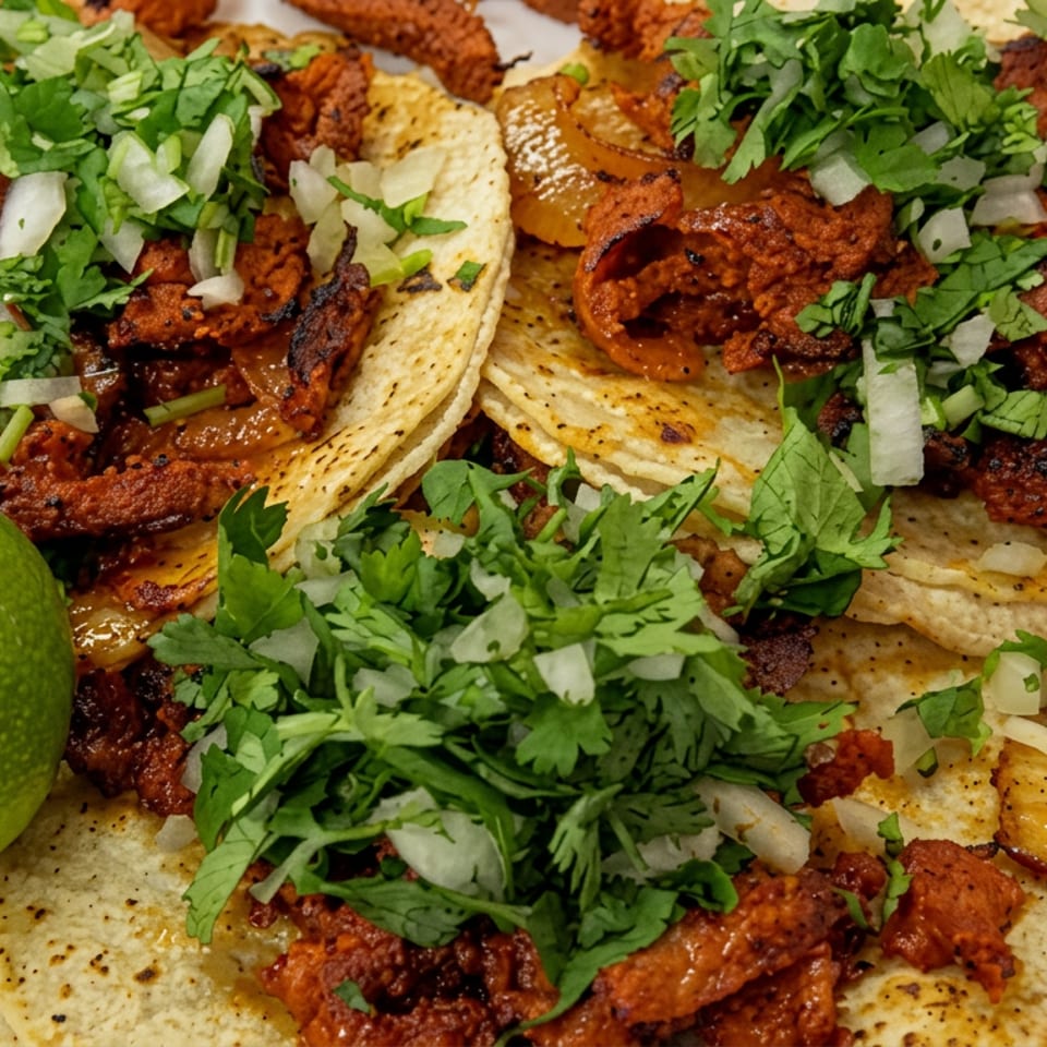 Plate of grilled tacos filled with seasoned meat, onions, cilantro, roasted pineapple, and a lime wedge.